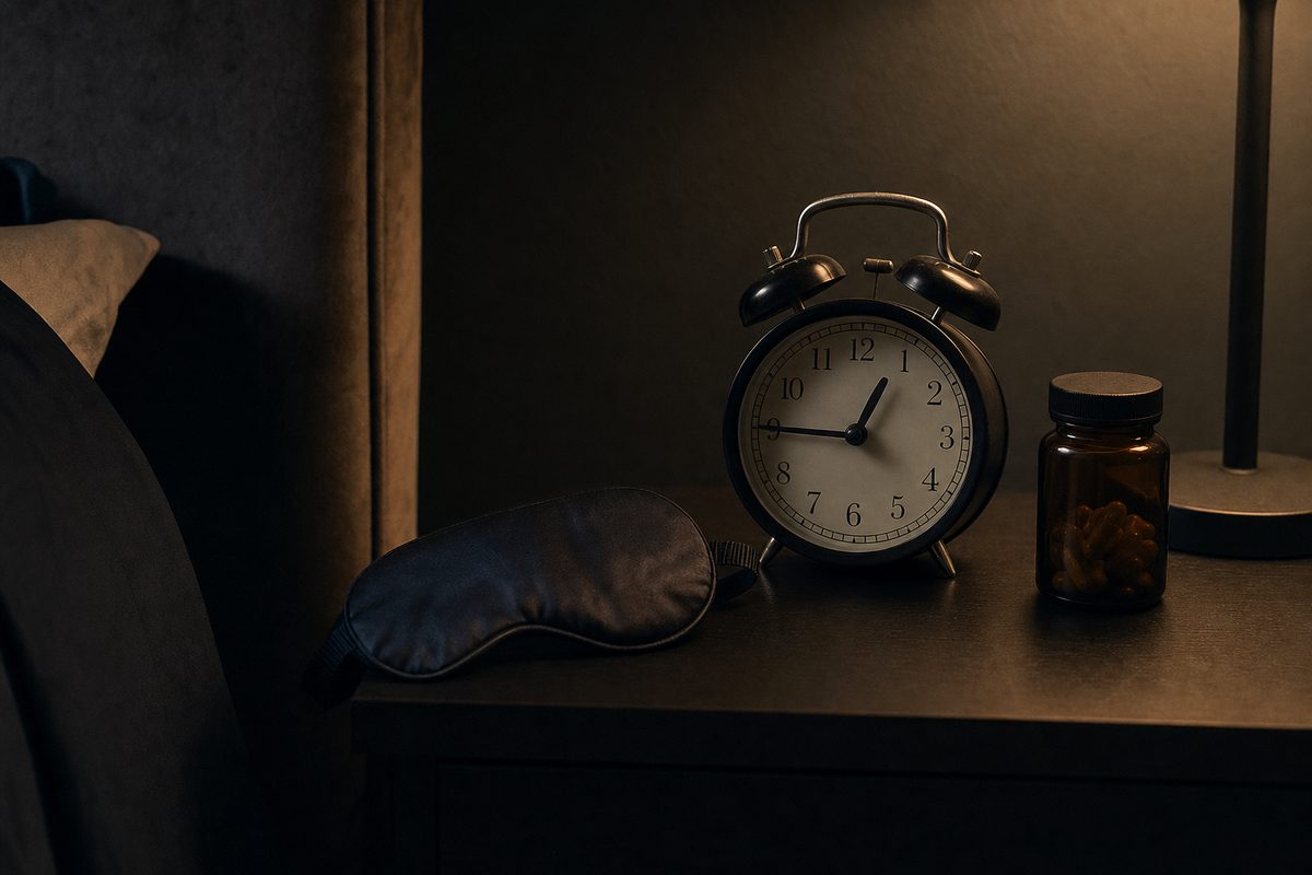 Nightstand at night with an analog alarm clock, a sleep mask and a small amber supplement bottle
